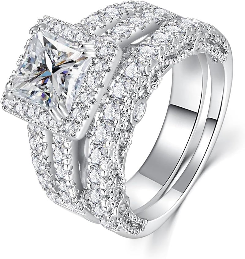 AVECON 5CT Princess Cut Engagement Ring, Promise Wedding Cubic Zirconia White Gold Plated Band Set for Women Size 5-10 - Image 1